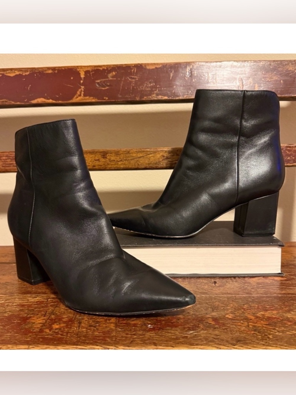 Marc Fisher Black Leather Jina Ankle Boots Pointy Toe Block Heeled Booties